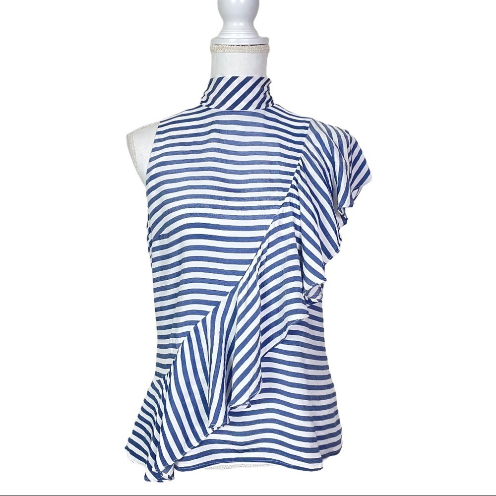 Nicole Miller Artelier Stripe Asymmetric Ruffle Top Blue White
